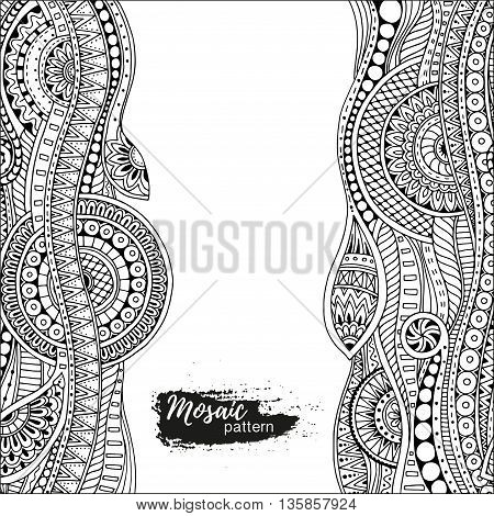 Ethnic floral zentangle, doodle background pattern in vector. Henna paisley mehndi doodles design tribal design element. Black and white pattern for coloring book for adults and kids.