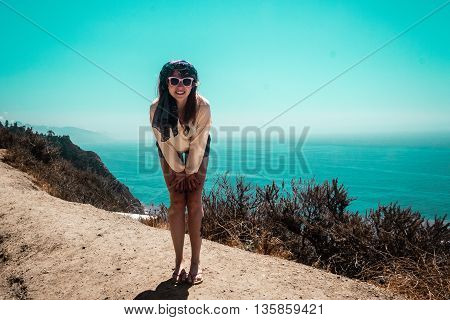 Girl And Oceanview From California Coast, United States
