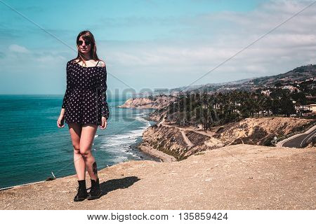 Girl And Oceanview From California Coast, United States