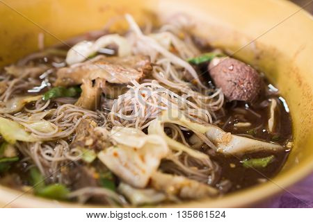 closeup noodle soup Thai style ( pork liver,bean sprouts,)