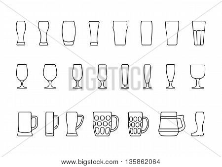 Beer glasses and mugs, vector minimal line icons set