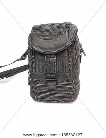 black camera bag on white background select focus front.