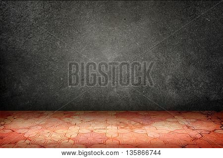 Empty Room With Black Stone Wall And Vintage Pattern Brick Block Floor,template Mock Up For Display