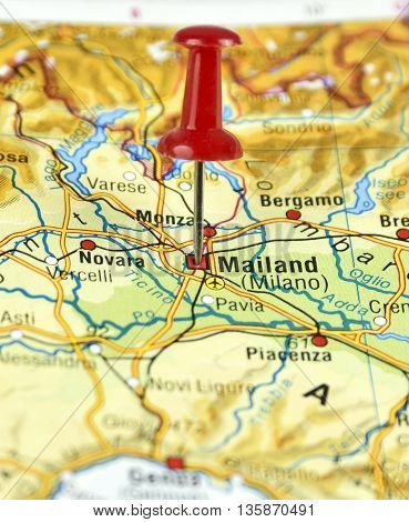 Map with pin set on Milan, Italy.
