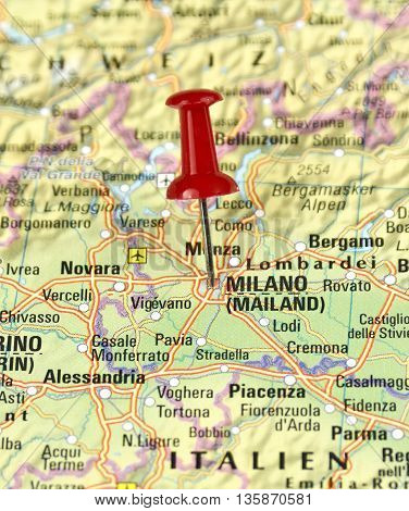 Map with pin set on Milan, Italy.