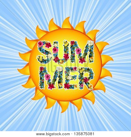 Summer Illustration. shiny sun With floral letters.