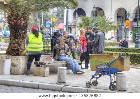 THESSALONIKI GREECE - March 14.2016: People playing musical instruments and entertain on the Aristotle Street in the historic center of Thessaloniki