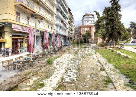 THESSALONIKI GREECE - March 14.2016: The remains of ancient roadway in the historical center of city