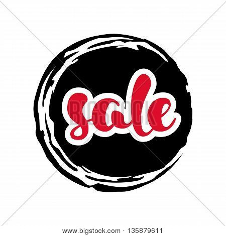 Modern SALE sticker. Round label in red, black and white. Hand written lettering. The word SALE on an ink blob. Calligraphy design element. Sale background. Vector illustration.