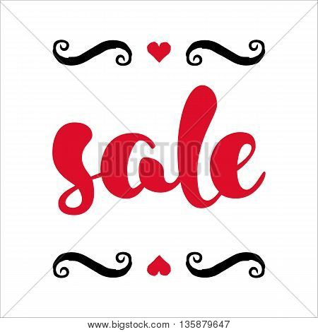 Modern SALE poster. Discount banner in red, black and white. Hand written lettering. The word SALE with swashes. Calligraphy design element. Sale background. Vector illustration.