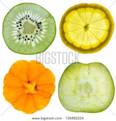Set of four fruits. mandarin lemon kiwi and apple