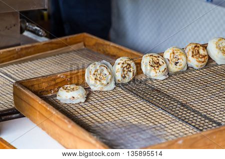 newly cooked traditional umegae mochi in dazaifu temmangu shrine fuguoka