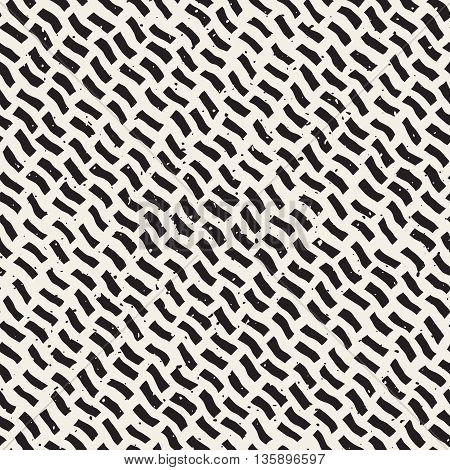 Vector Seamless Black And White Hand Drawn Daigonal Wavy Lines Grunge Pattern. Abstract Freehand Background Design