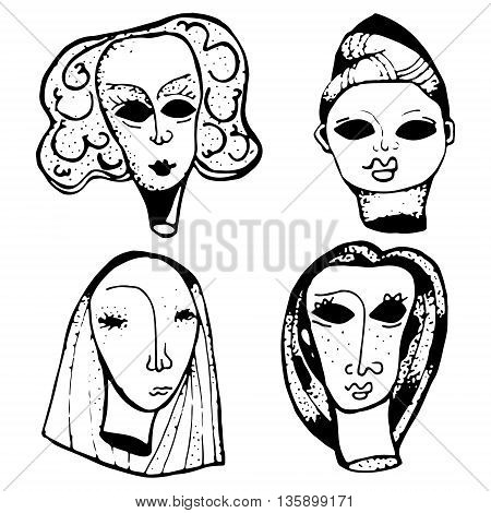 Horror hand drawn heads on white background