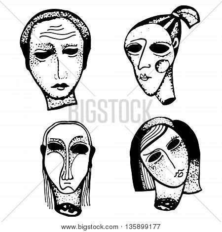 Horror hand drawn heads on white background