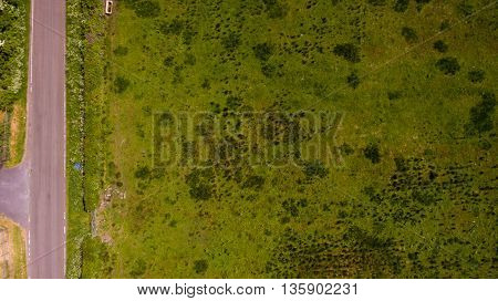 An aerial photograph of a rich green field. The grass textures and patterns are visible from this altitude and a single asphalt road runs up the left side of the frame.