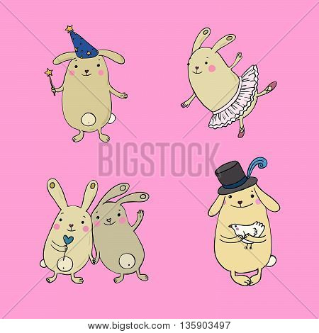 Funny bunnies on a white background. Hand drawn vector.