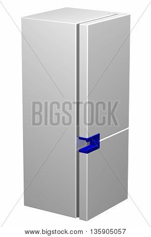 White refrigerator with blue handle isolated on white background. 3D rendering.