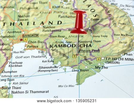 Map with pin set on Phnom Penh, Kambodscha.