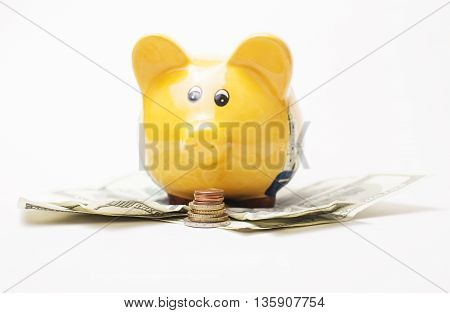 Yellow piggy bank and Stack of money coins isolated over the white background lot of dollar cash under it, savety concept