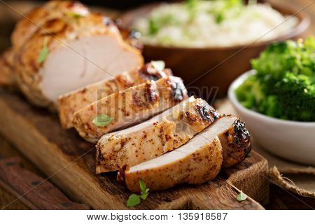 Barbecued turkey breast with honey mustard glaze and broccoli