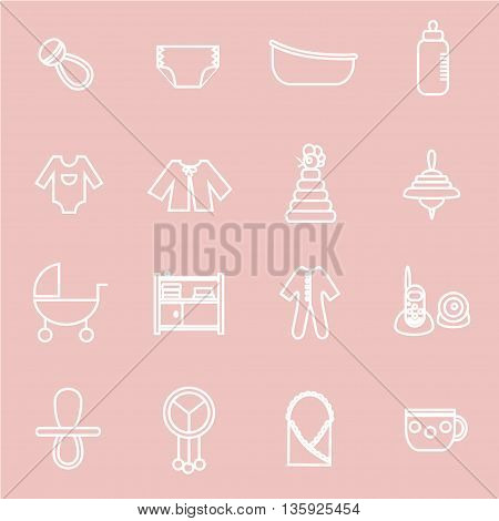 Outline flat web icon set. Baby equpment toys feeding and care