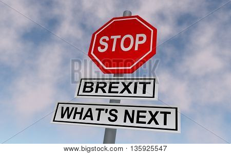 The road sign for Great Britain leaving EU. On the sign write STOP and BREXIT WHATS NEXT. 3D rendering.
