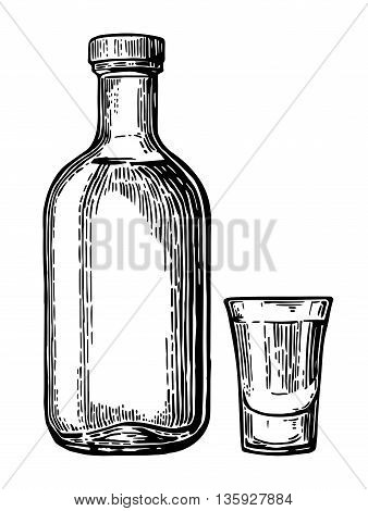 Glass and botlle of tequila. Vintage vector engraving illustration for label poster web invitation to party. Isolated on white background