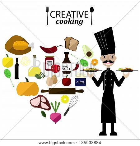 Collection of food ingredients with Chef in heart shape flat design . Vector/ Illustration