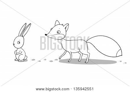 The fox and the hare. Winter. Hand drawing isolated objects on white background. Vector illustration.