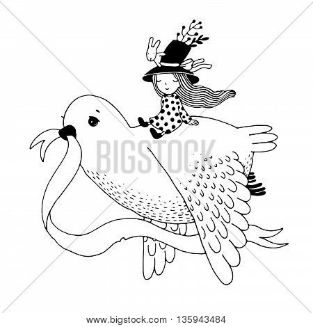 The story of the dove, fairy girl, rabbit and a hat. Hand drawn vector.