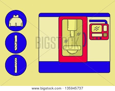 Metalworking cnc center with tools drawn in modern line style.