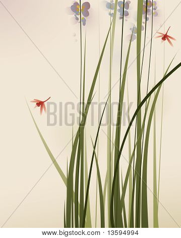 东方风格绘画、 草丛和鲜花