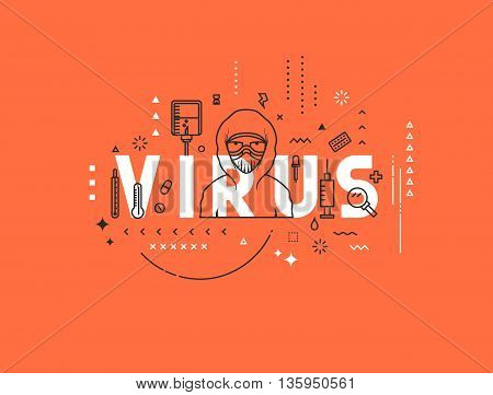 Design concept epidemic of virus. Modern line style illustration. Concepts of words virus, style thin line art, design banners for website and mobile website. Easy to edit.