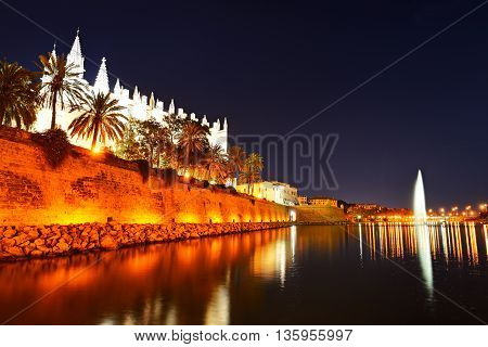 The fountain near Cathedral of Santa Maria of Palma in Palma de Mallorca Spain