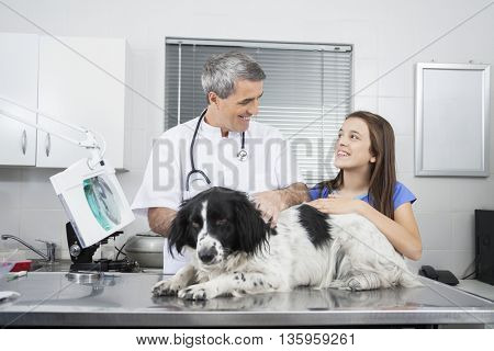 Happy Doctor And Girl With Border Collie On Table