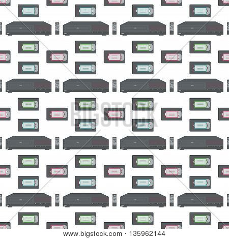 Video recorder with remote control and  videocassettes. Vector illustration