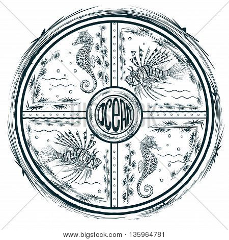 Illustration  exotic fish and corals, ocean life. Background for textile, fabric, paper. Black and white.