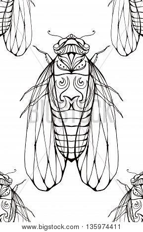 Seamless texture with contour cicadas decorated boho pattern. Vector element for your creativity