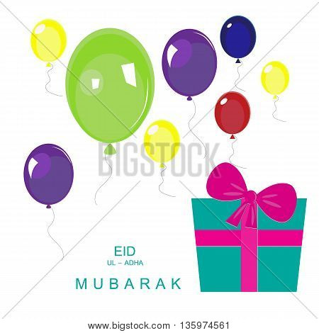 Beautiful greeting card design with colorful balloon decorated with gift box and of text Eid-Ul-Adha on white background.
