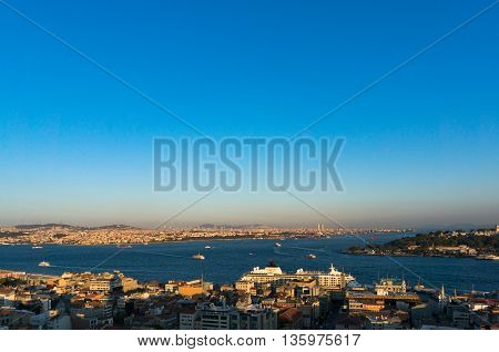 Aerial view of Istanbul Turkey. Modern transcontinental megalopolis cityscape at golden hour