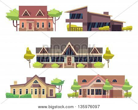 Private residential cottage houses flat vector icons. Set of modern houses and architecture residential house with green tree illustration
