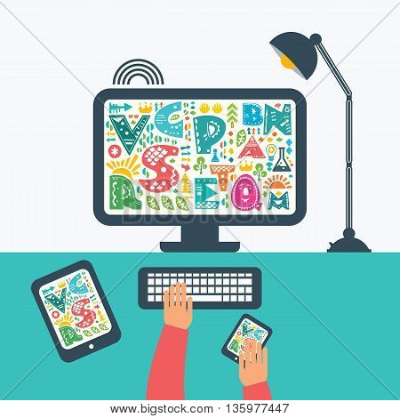 Computer workplace. Computer tablet smartphone lamp. Hand on computer keyboard. Flat design