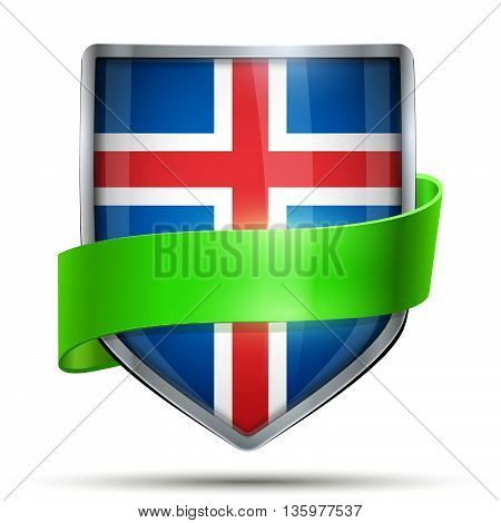 Shield with flag Iceland and ribbon. Editable Vector Illustration isolated on white background.