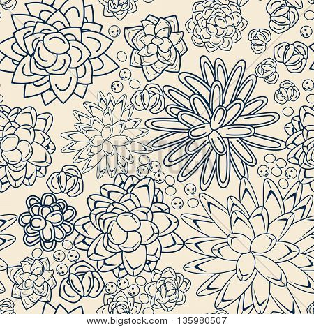 Succulent garden dense monochrome line doodle seamless pattern. Outline navy and cream plants and flowers repeatable ornament for fabric and cards.