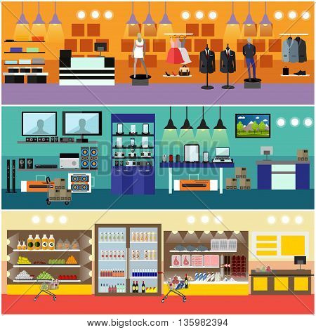 Shopping in a mall concept vector banner. Consumer electronics store Interior. Products in food supermarket.