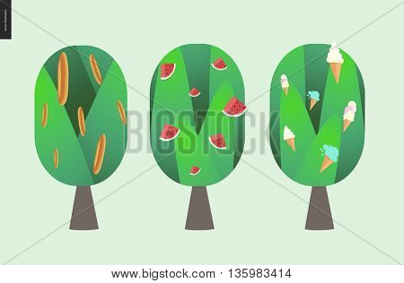 Bread, watermelon and ice cream tree - flat style vector cartoon illustration of three isolated trees with bread, watermelon and ice cream on them