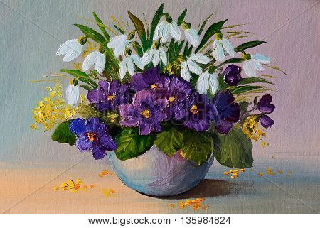 oil oil painting flowers - still life violets a bouquet of flowers