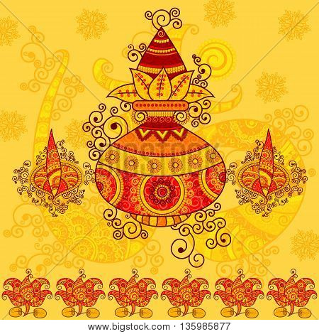 Vector design of kalash with coconut, mango leaves and diya in Indian art style