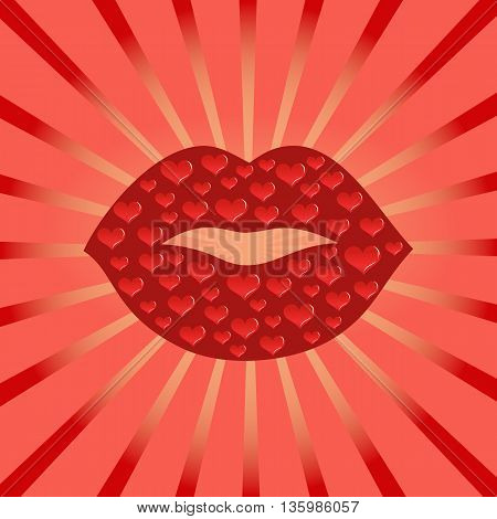 Red kissing smiling cartoon lips isolated. Red Lipstick kiss, mark, smudge. Makeup smudge. Mouth close up giving a kiss. Human body parts. Concept design for card, banner, poster. Vector illustration